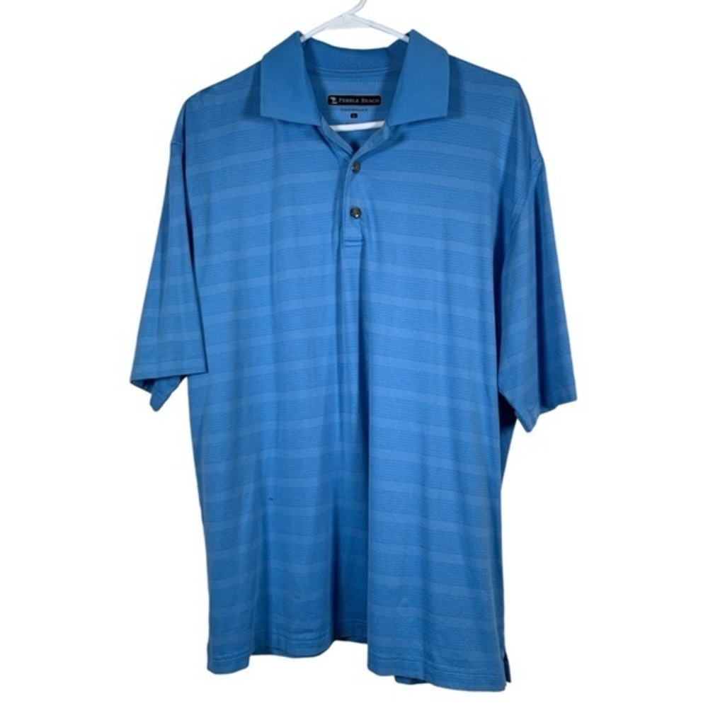 Pebble Beach Blue Performance Blue Stripe Polo Shirt Size Large EUC #DS-1510